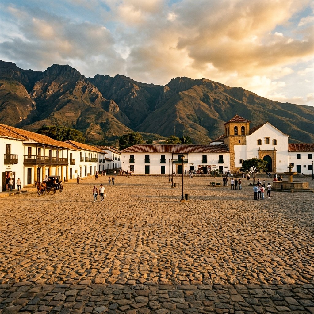 Plaza colonial empedrada de Villa de Leyva en Boyacá con fondo de montañas andinas